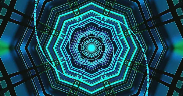 Canlı mavi ve yeşil geometrik şekiller büyüleyici bir desen oluşturarak izleyicinin gözlerini merkeze doğru çeker. Tasarım derinlik ve hareket yanılsaması yaratıyor, ilgi çekici bir deneyim yaratıyor..