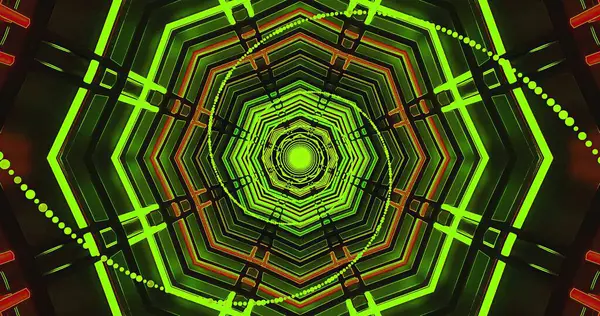 Canlı bir tünel yapısı yeşil ve turuncu ışıkların karmaşık desenlerini sergiliyor. Geometrik tasarım, izleyicinin dikkatini çeken büyüleyici bir görsel derinlik yaratır..