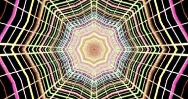 Büyüleyici bir video döngüsü geometrik şekillerden ve parlak renklerden oluşan bir tünel gösterir. Bu kusursuz animasyon, herhangi bir uzayı değiştiren eşsiz bir görsel deneyim sunuyor..