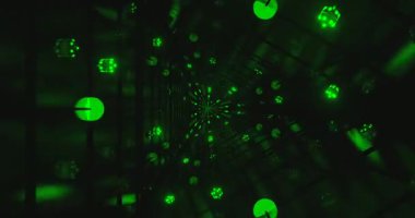 Parlak yeşil ışıklar ve geometrik şekillerle dolu bir tünelin kusursuz döngüsünü tecrübe edin. Dinamik hareket derinlik ve dalma hissi yaratır, görsel ekran için mükemmeldir..