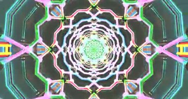 Bu tünel videosu senkronize bir şekilde hareket eden renkli geometrik şekiller ve desenler döngüsünü gösteriyor. Canlı renkler ekran koruyucular için mükemmel bir görsel efekt yaratır..