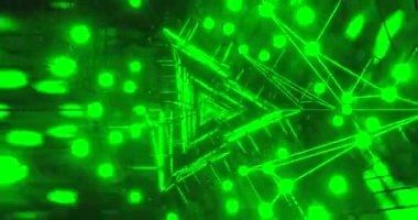 Canlı yeşil bir tünel uzaklığa doğru uzanıyor, dinamik çizgiler ve şekiller sergiliyor ve büyüleyici bir görsel etki yaratıyor..