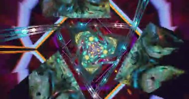 Parlak geometrik şekiller ve renkli ışıklandırma efektleriyle dolu kusursuz bir tünel döngüsünün içinde büyüleyici bir görsel yolculuk yaşayın..