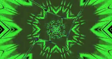 Keskin geometrik şekillerle dolu canlı yeşil bir tünel içeren kusursuz bir video döngüsü. Bu büyüleyici görüntü mekanı dijital sanat deneyimine dönüştürür..