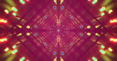 Dinamik tünel video döngüsü renkli ışıkların karmaşık desenlerde hareket ettiğini ve sürekli izleyicileri çeken büyüleyici bir görsel etki yarattığını gösteriyor. Dijital ortam için ideal.