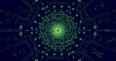 Bu tünel video döngüsü karmaşık desenler ve şekillerle dinamik bir animasyon içerir. Kusursuz tasarım, koyu yeşil arkaplan karşısında parlak yeşil görsellerle izleyicileri cezbediyor..