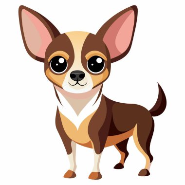Beyaz kürkü ve sevimli bıyıkları ile canlı ve uyanık kişiliğiyle bilinen küçük bir oyuncak köpek yavrusu olan renkli bir Chihuahua, beyaz arka planda çizgi film misali bir jestin içinde duruyor.