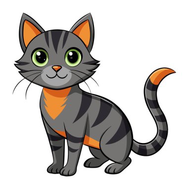 Yeşil gözlü, bıyıklı ve kuyruklu bir Felidae memelisi, çizgi film kedisi beyaz arka planda oturan küçük ve orta büyüklükte bir etçil hayvandır.