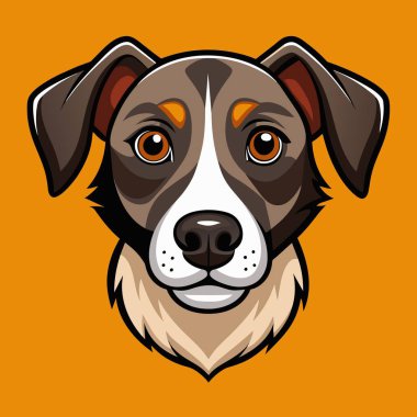 Fawncolor bir köpeğin çizgi film çizimi turuncu arka planda bıyıklı bir kafa üretir. Köpek, oyuncu ve sanatsal bir şekilde çalışan bir hayvan ve yoldaş bir köpek olarak tasvir edilir.