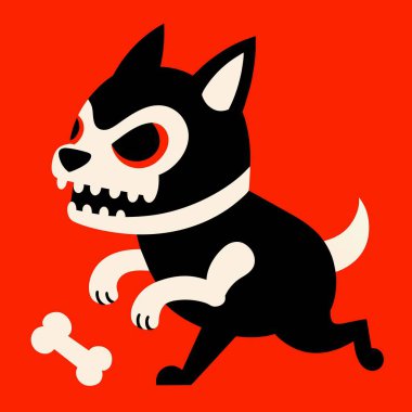 Yüzünde kafatası olan, kemikle koşan siyah beyaz etobur bir hayvanın karikatür çizimi. Köpeğin bıyıkları, burnu ve kuyruğu var.