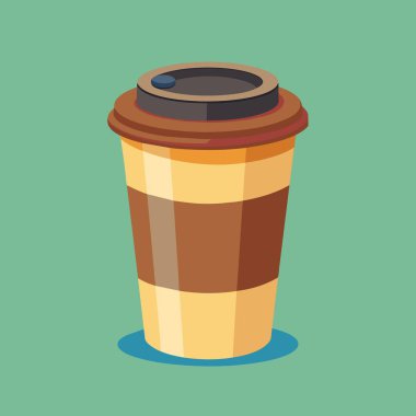 Kapakla kaplı bir fincan kahve canlı yeşil bir yüzeye yerleştirilir. Bardak bir silindir, sıvıyla dolu, gaz yayıyor. Tasarım, plastik maddenin üzerindeki elektrik mavi desenleri içeriyor