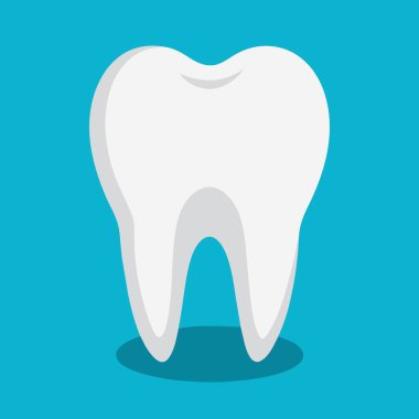 Parlak beyaz bir diş, gölgesi mavi arkaplana düşerken keskin bir kontrastlık yaratır.