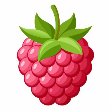 Canlı yeşil yapraklarla süslenmiş ahududu renkli bir karikatür tasviri el değmemiş beyaz bir arkaplanda.