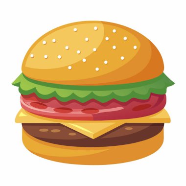 Çizgi filmde peynirli, marullu ve etli bir hamburger tasvir ediliyor. Klasik bir fast food mutfağı hamburgeri.