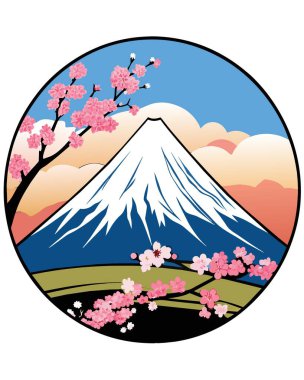 Eserde, dairesel bir kompozisyonda kiraz çiçekleriyle çevrili bir dağ, manzaranın ve doğanın elementlerini gözler önüne seriyor.