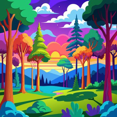 Çizgi film tarzında canlandırılmış canlı bir orman. Arkaplanda renkli ağaçlar ve dağlar sergileniyor. Doğanın güzelliğini ve sükunetini temsil ediyor.