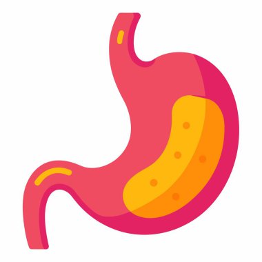 İçinde turşu bulunan renkli bir insan midesi karikatürü, oyuncu ve sanatsal bir tasvir sunuyor.