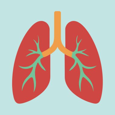 Resim, mavi arka planda yeşil dalları olan bir çift kırmızı akciğeri tasvir ediyor. Simetri, sanat ve canlı bir renk şeması öğeleri sergiliyor.