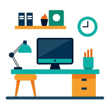 İçinde bilgisayar, lamba, saat ve çeşitli ofis malzemelerinin bulunduğu bir masa, kişisel bilgisayar çalışma istasyonu için tipik bir düzenektir.