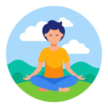 Bir adam huzurlu bir şekilde Lotus pozisyonunda, sakin, çimenli bir tepede oturuyor, derin bir meditasyona dalmış ve iç dengeyi arıyor.