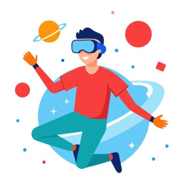 Sanal gerçeklik kulaklığı takan bir adam havada mutlu bir şekilde zıplıyor. Sahne canlı ve neşeli bir sanatsal tarzla resmedilmiş.