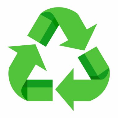 Beyaz zemin üzerinde farklı yönleri gösteren üç okun yer aldığı yeşil bir geri dönüşüm sembolü