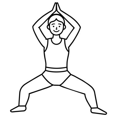 Görüntü, siyah beyaz çizilmiş yoga pozundaki bir kadını tasvir ediyor. Saç, eklemler, eller, kollar, omuzlar, bacaklar ve boyun gibi çeşitli vücut parçalarını gösteriyor.