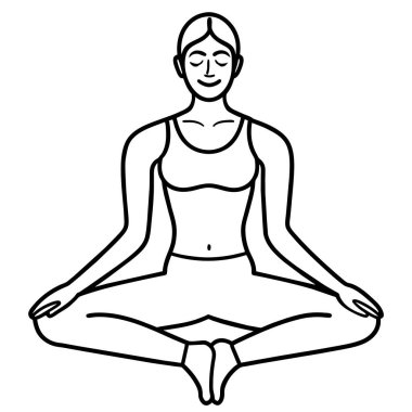 Lotus pozisyonunda oturan bir kadının siyah beyaz çizimi, giysi, yüz, eklemler, kafa, eller, kollar, omuzlar, bacaklar, boyun ve genel ürün gibi detaylara odaklanıyor.