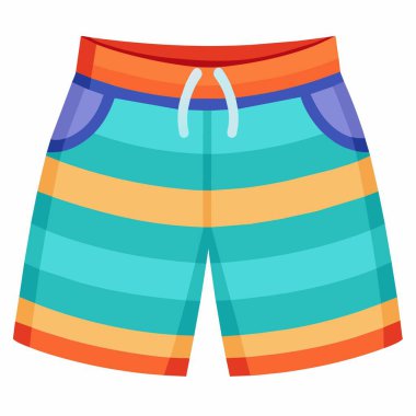 Canlı bir çift çizgili mayo temiz beyaz bir arka planda sergileniyor, renkli ve yazlık bir tasarım sergileniyor.