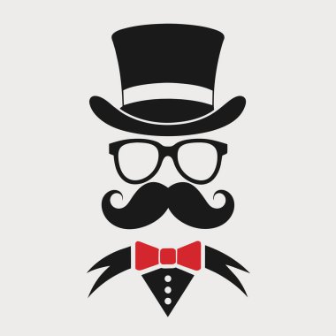 Adam silindir şapka, bıyık, gözlük ve papyon takıyor. Benzersiz bir tarzı var.