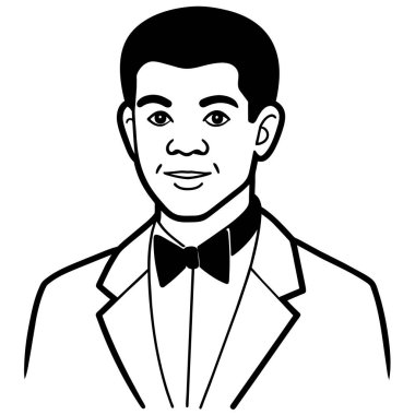 Smokinli ve papyonlu bir adamın siyah beyaz çizimi burun, saç, çene, gülümseme, kaş, göz, el, kol ve bacak gibi yüz hatlarını gösteriyor.