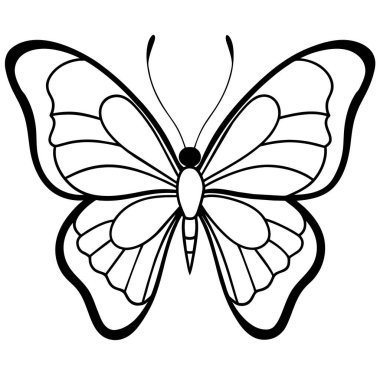 Kelebek tek renkli bir çizimle bembeyaz bir arkaplanda tasvir edilir, güzelliğini ve basitliğini vurgular.