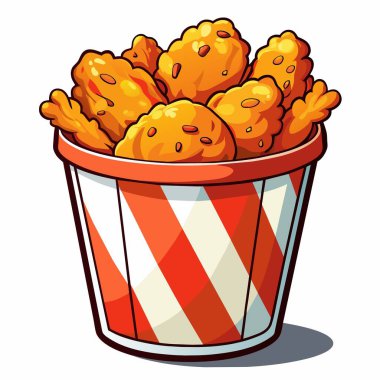 Masanın üzerinde kırmızı ve beyaz şeritli bir bardakta sunulan bir kova kızarmış tavuk var. Lezzetli bir yiyecek sergileniyor.