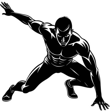 Beyaz arka planda koşan bir adamın siyah beyaz bir silüeti.