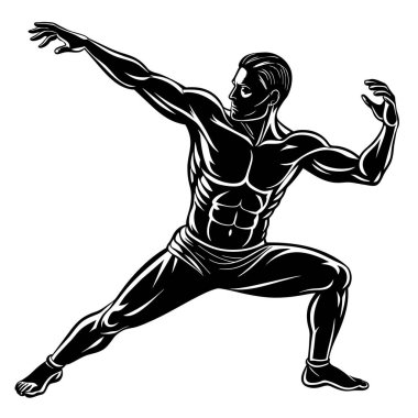 Bu, karate pozu veren bir adamın jestlerinde denge ve hassasiyet gösteren siyah beyaz bir çizimi.