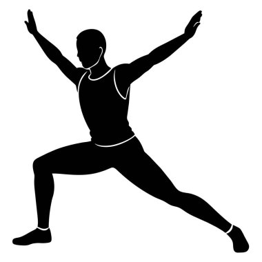 Görüntü yoga pozu vermiş bir adamı gösteriyor. Arka planda siluet var. Kolları dışa doğru uzanıyor, barış ve denge hissi veriyor.