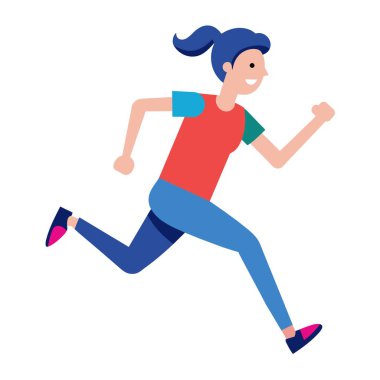 Beyaz bir arka planda koşan bir kadın çeşitli jestler yapıyor ve şapka takıyor. Resim mutluluk ve eğlence etkinliği yayar.