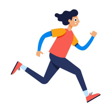 Kırmızı gömlek ve mavi pantolon giymiş enerjik bir şekilde koşan bir adam, eğlencesine mutlu ve dengeli görünüyor, eğlenceli ve neşeli bir jest sergiliyor.