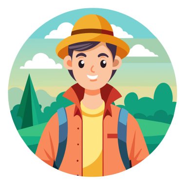 Çizgi filmde şapkalı ve sırt çantalı bir adam gülümsüyor. Renkli ve eğlenceli, neşeli bir karakterin tasviri.