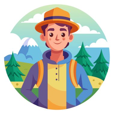 Bir adam bir dağın önünde duruyor. O bir şapka giyiyor ve bir sırt çantası taşıyor.