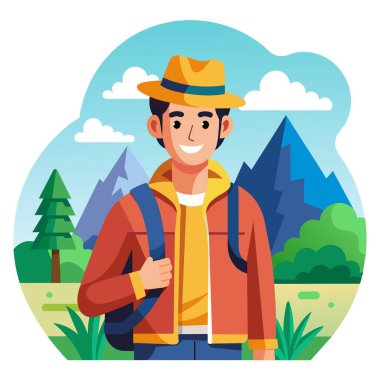 Şapkalı ve sırt çantalı bir adam bir dağ zeminine karşı duruyor. Anahtar sözcükler arasında gülümseme, ürün, karikatür, kol, jest, başlık, mutluluk, kostüm şapkası ve sanat yer alıyor.