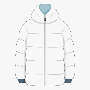 Kapüşonlu beyaz bir ceket beyaz bir arka plana karşı sergileniyor, tasarımı ve tarzı sergileniyor