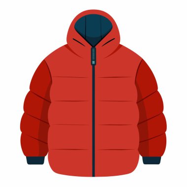 Kapüşonlu kırmızı bir ceket düz beyaz bir arkaplana karşı sergilenir, dış giysi basit ve temiz bir ayarda sergilenir