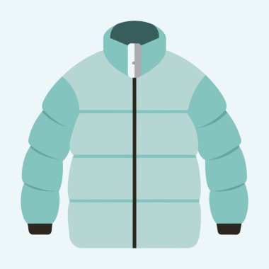 Siyah manşetli ve fermuarlı, beyaz bir arka planda sergilenen mavi bir kabarık ceket.