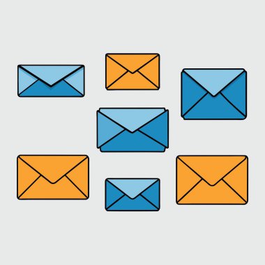 Çeşitli boyut ve renklerde bir zarf koleksiyonu beyaz bir arkaplanda görüntülenir