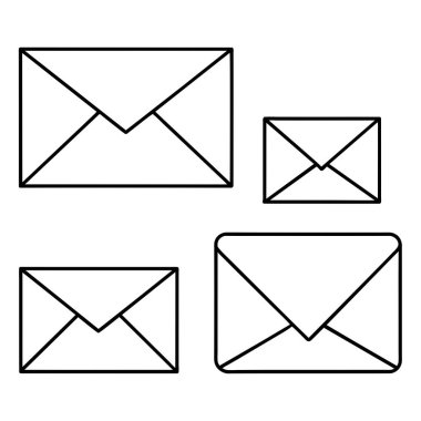 Resim, farklı şekiller ve tasarımlar gösteren, beyaz bir arkaplan karşısında çeşitli boyutlarda dört zarf tasvir ediyor.