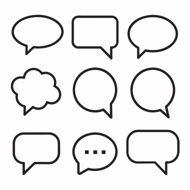 Düz beyaz bir arkaplan karşısında çeşitli şekillerde çeşitli konuşma baloncukları bir koleksiyon