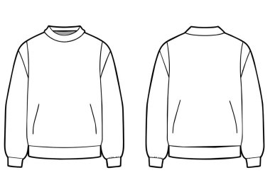 Resimde siyah beyaz uzun kollu bir sweatshirt var. Tasma ve desen gibi detaylar var. Çizimde modaya uygun bir dış giysi.