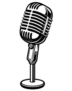 Görüntü, eski ses ekipmanlarının özünü yakalayan siyah beyaz bir mikrofon tasvir ediyor.