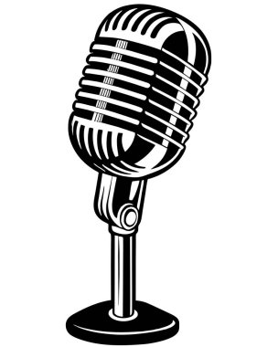 Bu illüstrasyon, genel olarak halka açık adres sistemleri veya kayıt stüdyoları gibi ses uygulamalarında kullanılan bir mikrofonun monokromatik görüntüsünü gösterir.